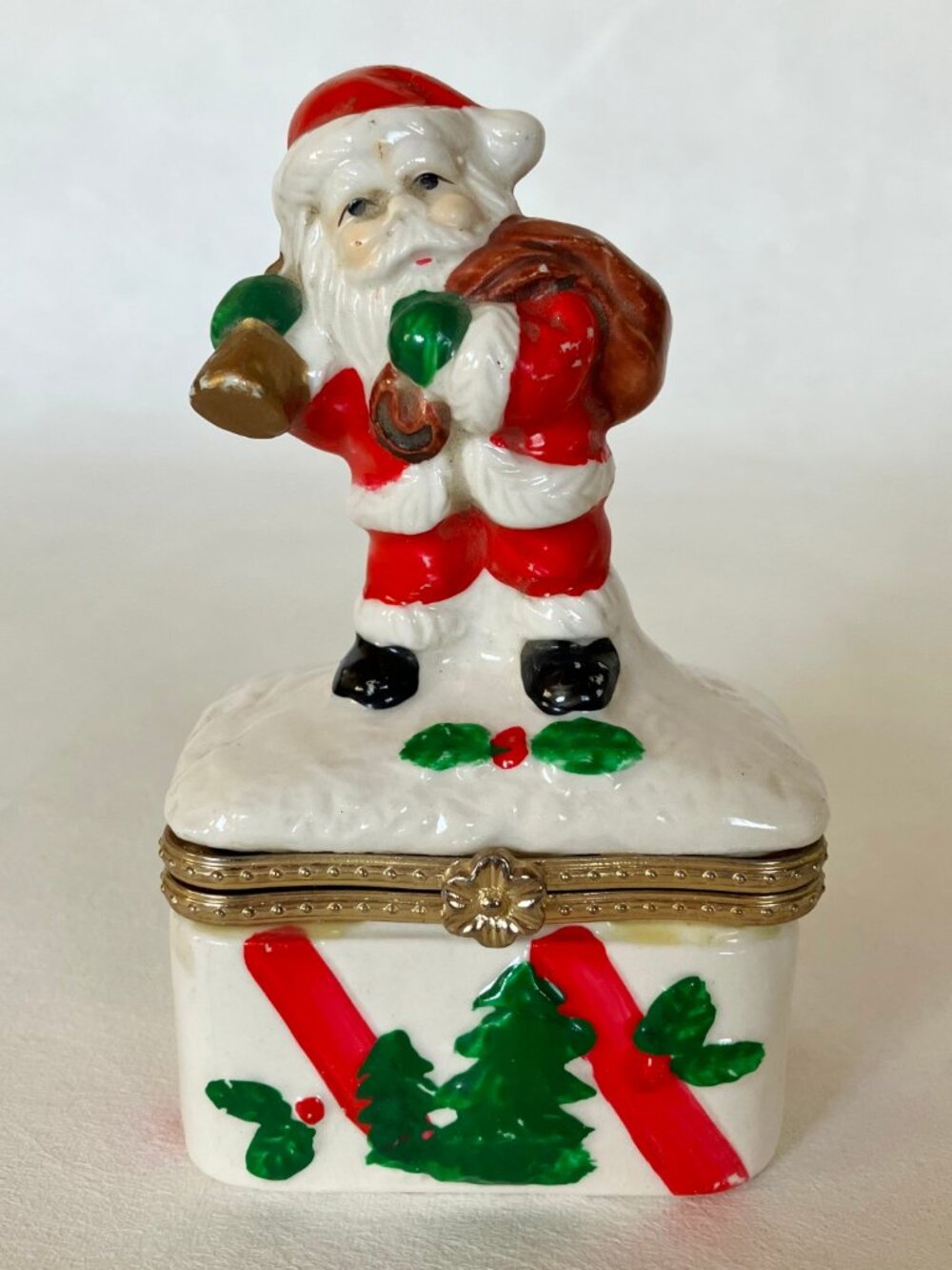 Vintage Santa Claus Trinket Box Christmas Tree Gift Present Holly Bell Porcelain